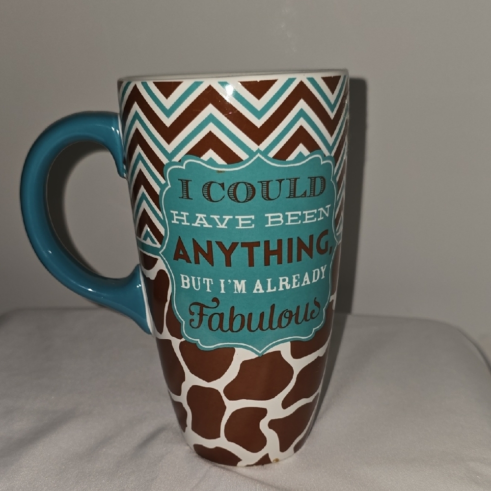 Blue and Brown Ceramic Mug with Chevron and Giraffe Patterns - Picture 2 of 3